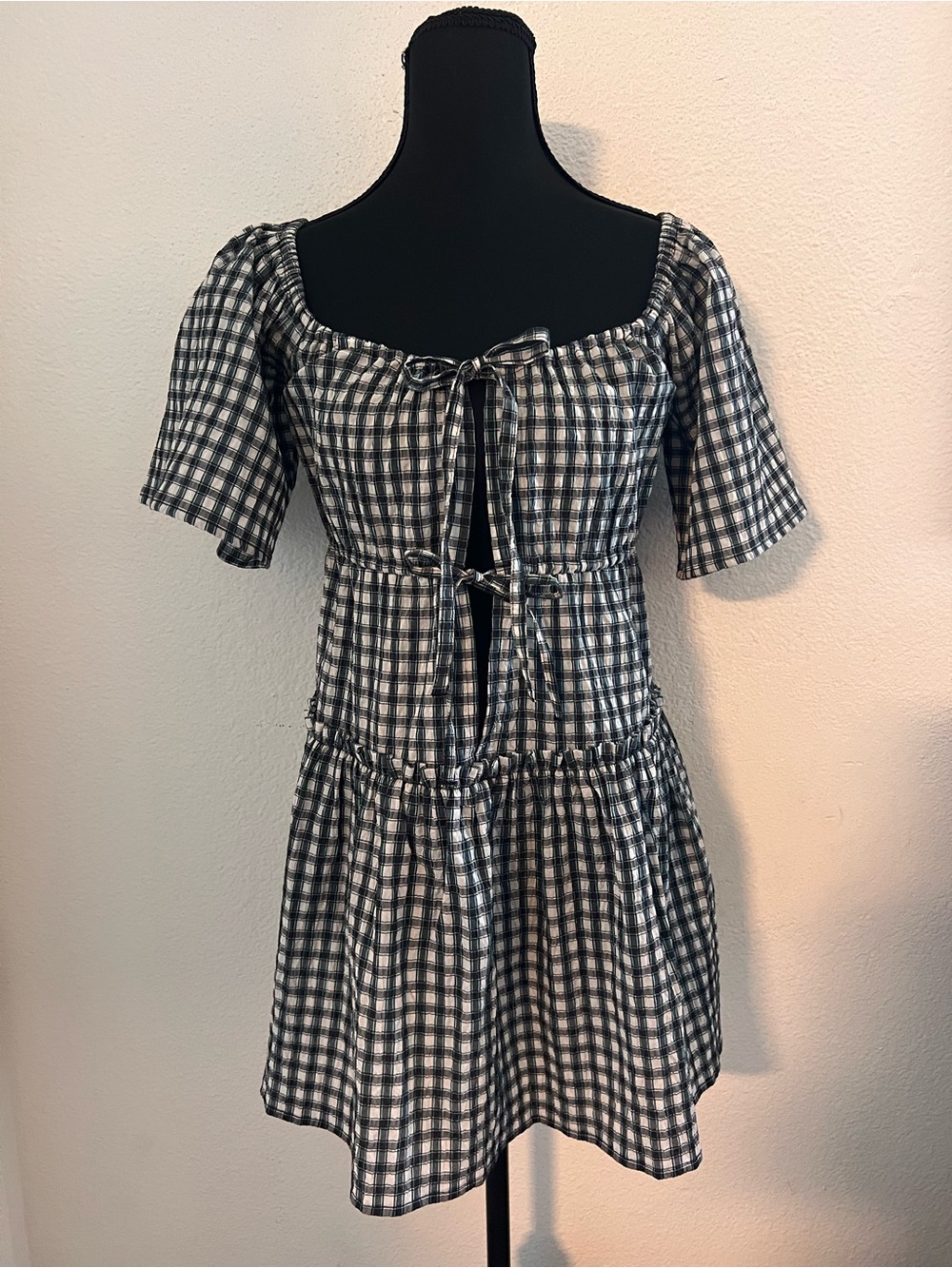 Ganni Black and White Seersucker Gingham Tie-Front Mini Dress
